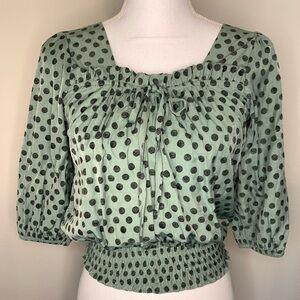 Zara Boho Blouse Top Ruched Ruffle Polka Dot Size Small Mint Green and Black